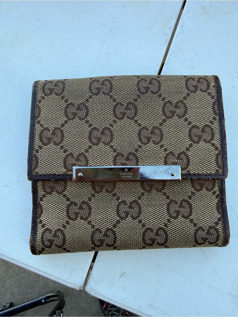 Gucci Beige and Brown GG Canvas Wallet with Logo Bar